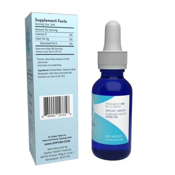 A dropper bottle of Zephyr Health Products' broad-spectrum CBD oil with 1000mg potency, 40mg/ml, and 16mg per half dropper, nano-emulsified for optimal absorption.