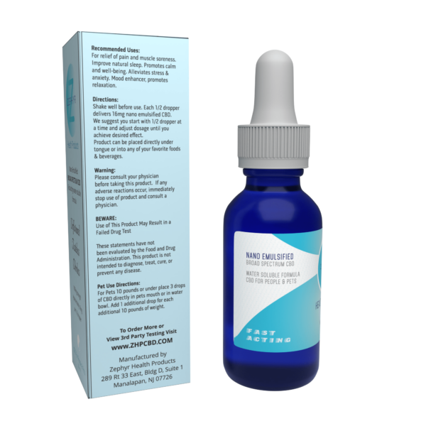 A dropper bottle of Zephyr Health Products' broad-spectrum CBD oil with 1000mg potency, 40mg/ml, and 16mg per half dropper, nano-emulsified for optimal absorption.