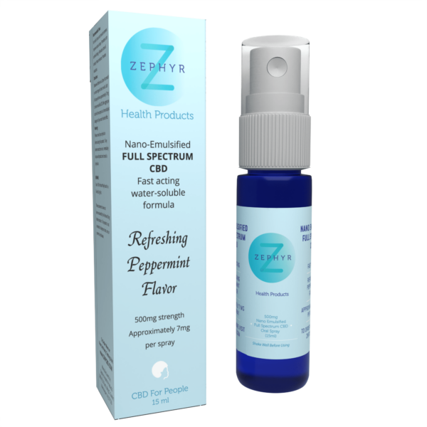 Image of a nano-emulsified full spectrum oral spray bottle with 500mg strength and 7mg per spray.