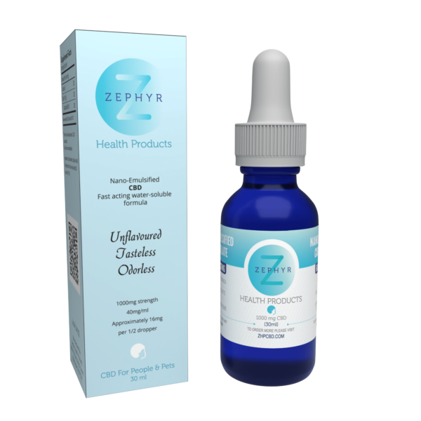 A dropper bottle of Zephyr Health Products' CBD isolate oil with 1000mg potency, 40mg/ml, and 16mg per half dropper, nano-emulsified for optimal absorption.