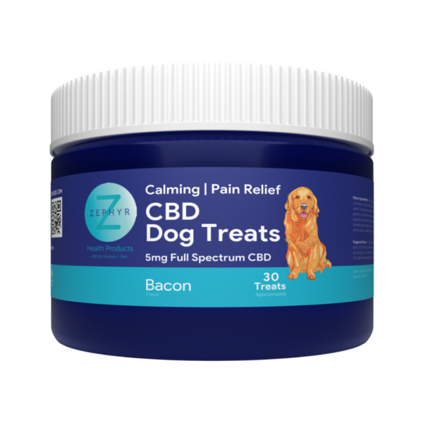 Jar of CBD dog treats with bacon flavor from Zephyr Health Products